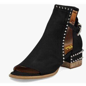 FSJ Black Rivets Peep Open Toe Cut Out Buckle Ankle Boot Block Low Heel ShoesSho